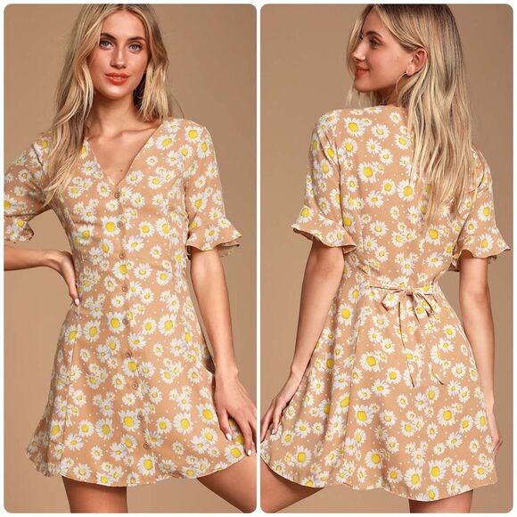 Lulus Castana Nude Floral Print Button-Up Dress Size XL Summer Dainty Mini - Picture 1 of 11